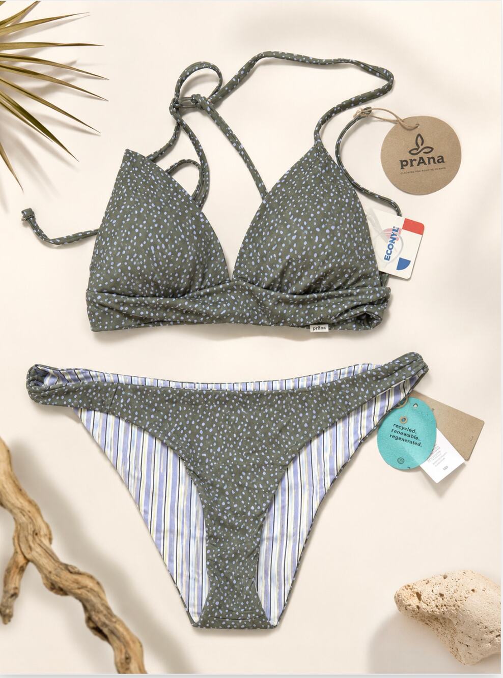 NWT PRANA Womens La Plata & Elina Bikini Swim Set Army Spots Green Large